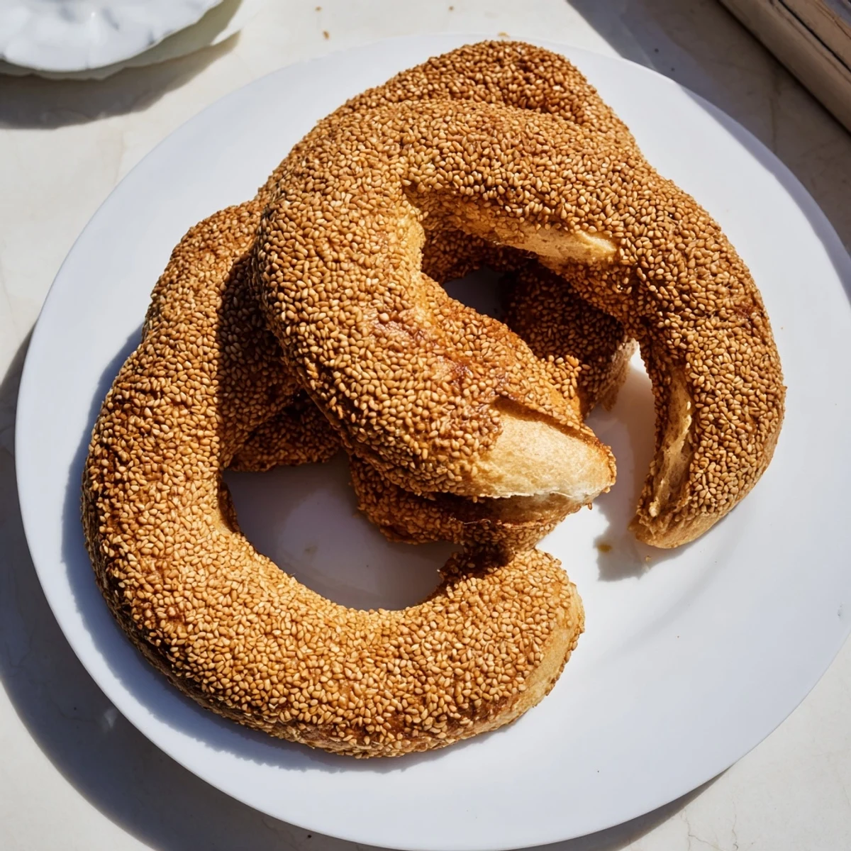 Homemade sesame bread rings arranged on wire rack featuring golden crusts and nutty seed coating