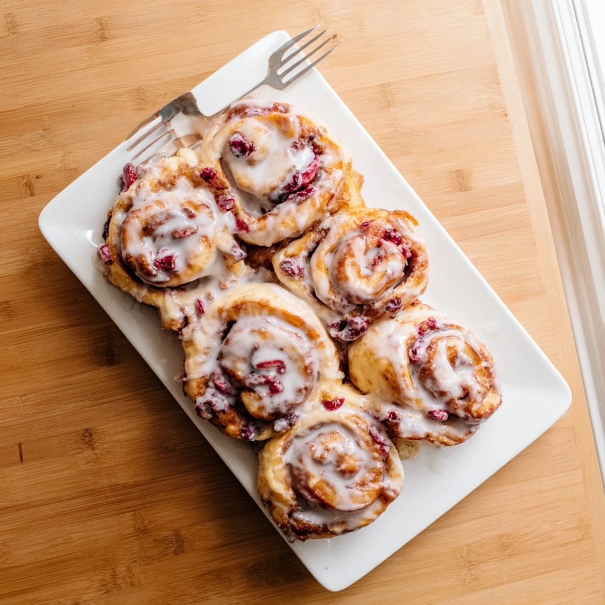 Fresh cherry cinnamon rolls with spiraled dough and sweet red fruit filling drizzled with vanilla glaze