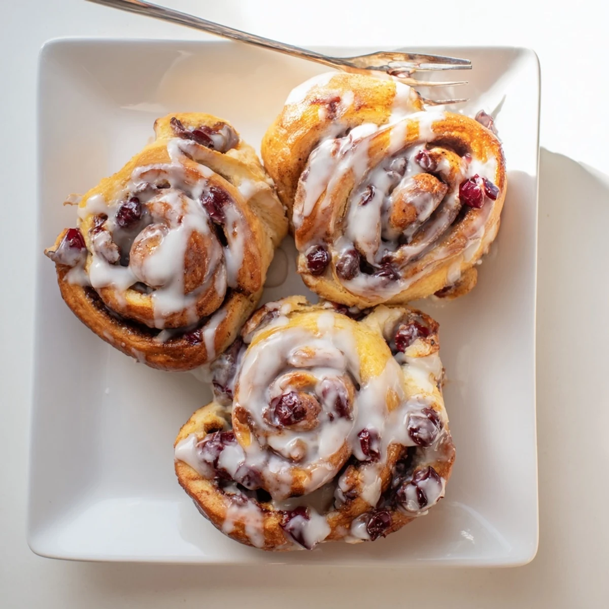 Golden baked cherry cinnamon rolls overflowing with juicy cherries and topped with creamy white icing
