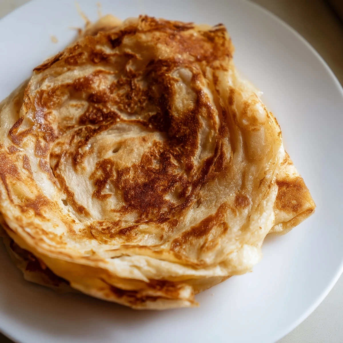 Golden flaky roti canai with crispy layers and tender chewy interior on a serving plate