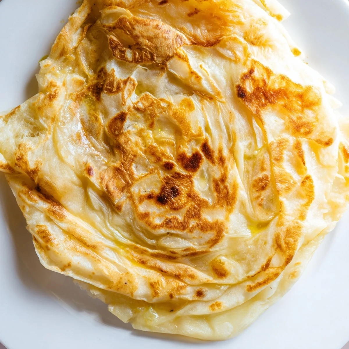 Handheld roti canai revealing delicate paper-thin layers perfect for dipping in savory curry