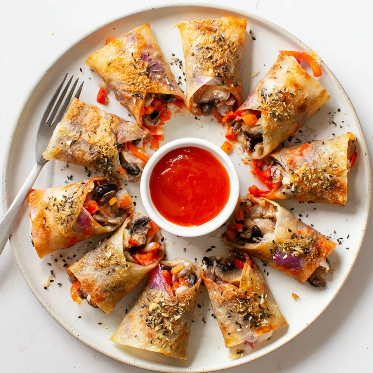 Golden brown rice paper pizza rolls pan-fried to crispy perfection with melted mozzarella and vegetables