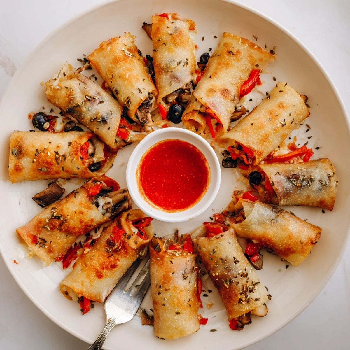 Crispy rice paper pizza rolls filled with classic pizza toppings and golden melted cheese for appetizers