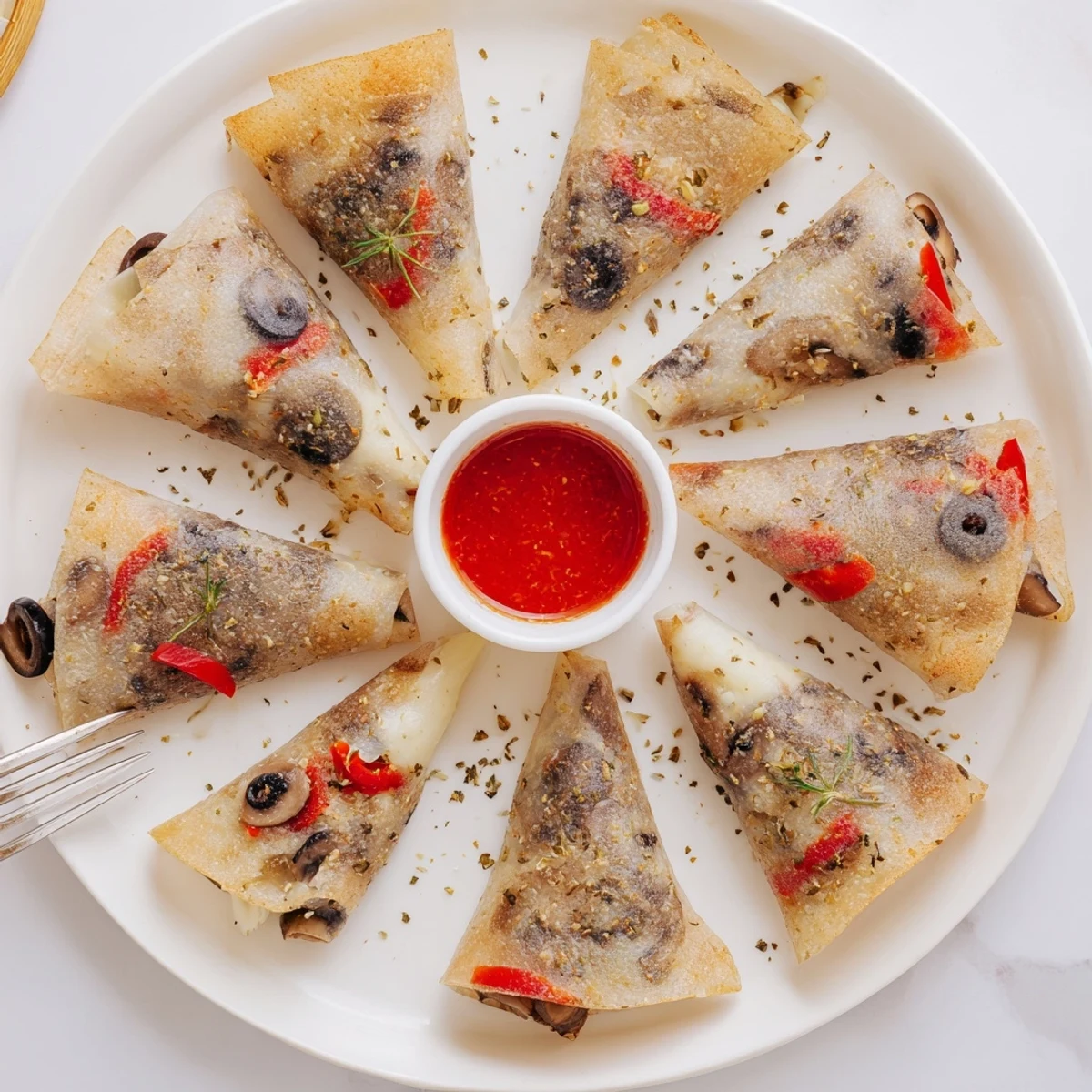 Pan-fried rice paper pizza rolls stuffed with savory mozzarella peppers and olives on a serving platter