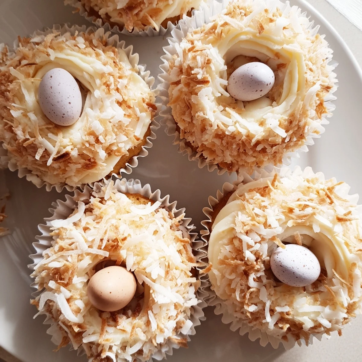 Coconut nest cupcakes topped with fluffy white frosting and toasted coconut surrounding colorful chocolate eggs