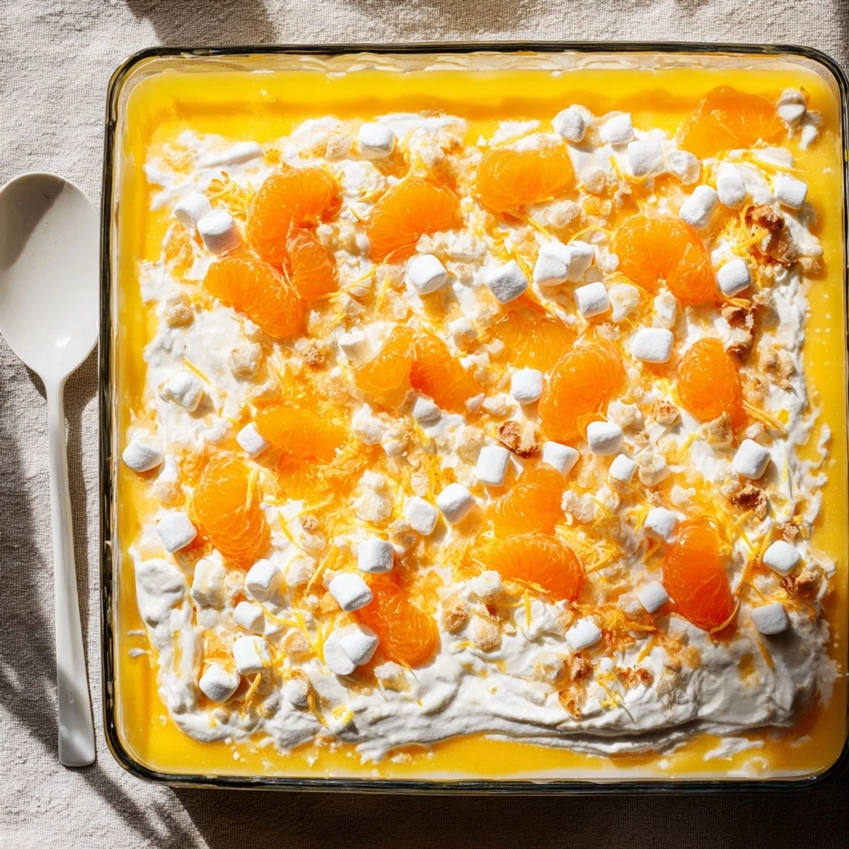 Glowing orange gelatin salad with mandarin oranges and fluffy white cream topping
