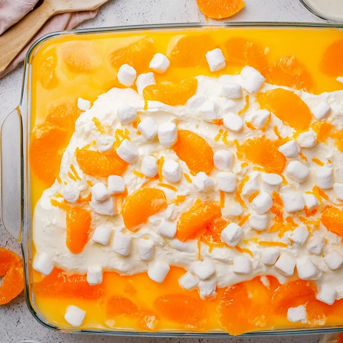 Festive Easter orange Jello salad layered with pineapple in a glass serving dish