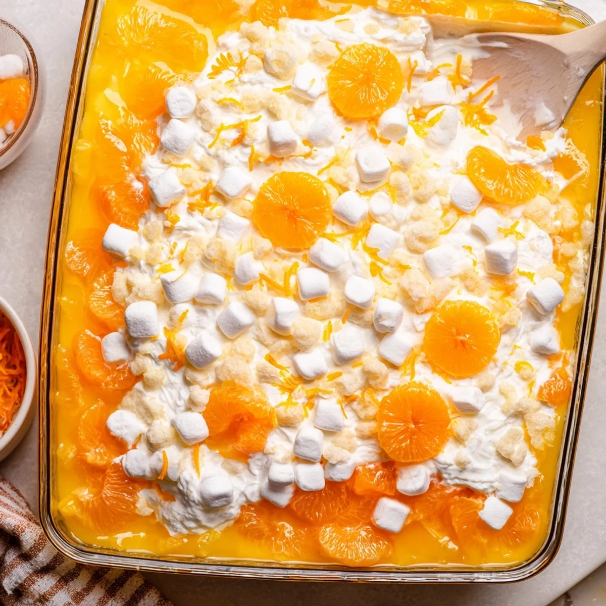 Creamy-topped orange gelatin dessert with bright mandarin orange segments for spring gatherings