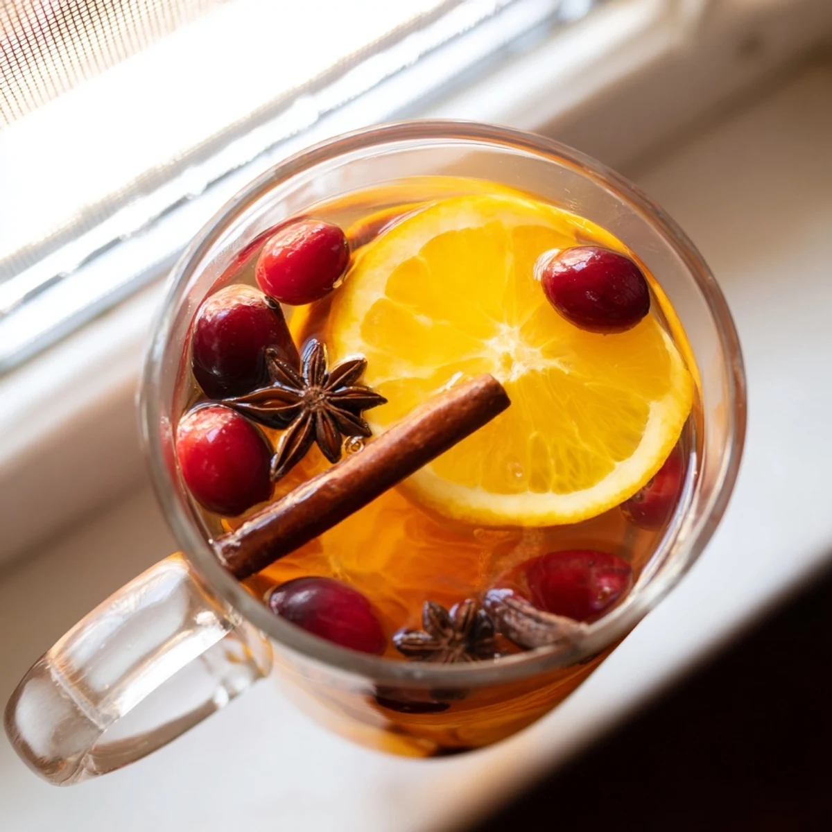 Steaming Orange Cranberry Tea in white teapot garnished with fresh orange slices and floating cranberries