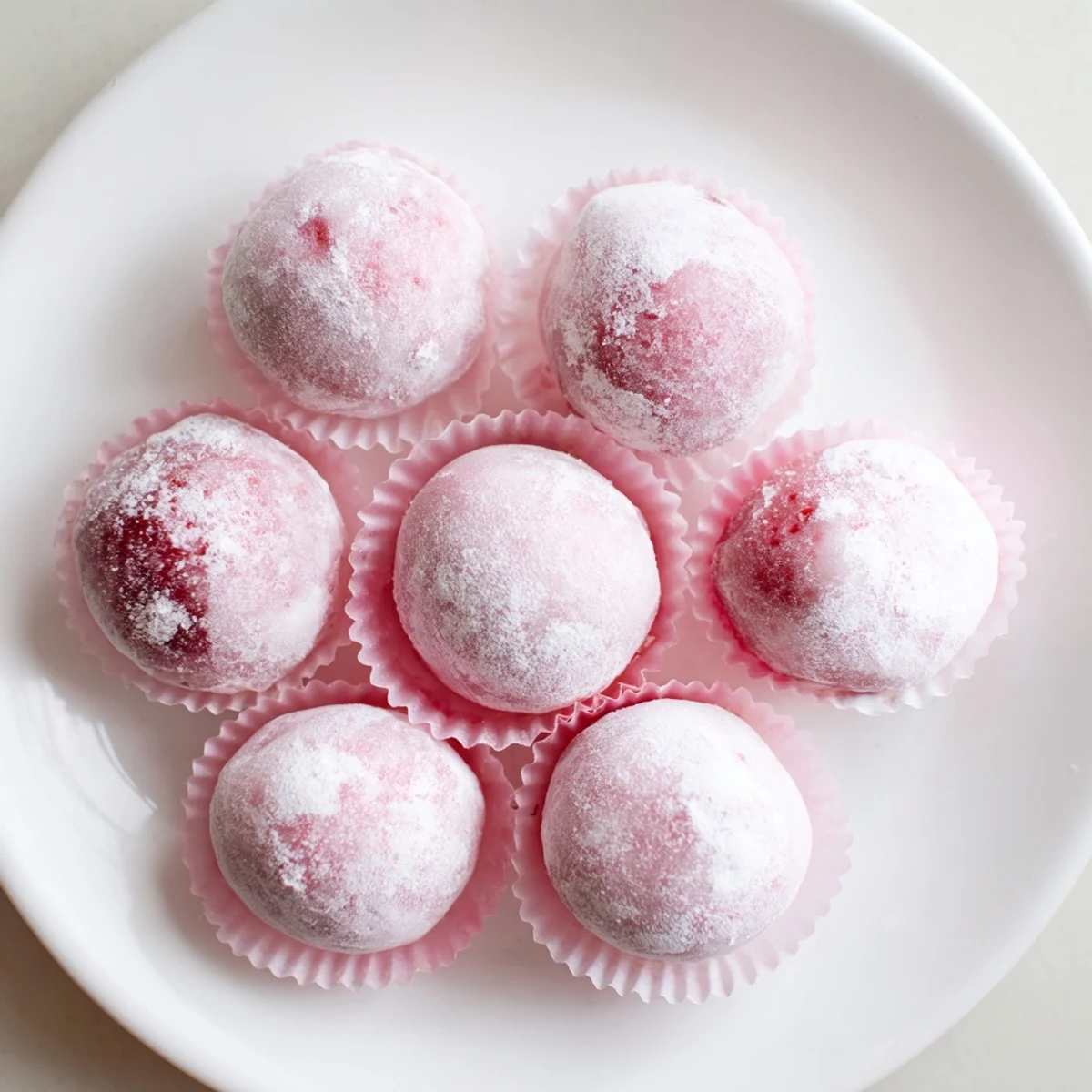 Soft pink vegan strawberry mochi ice cream balls nestled in white cupcake liners on a wooden board