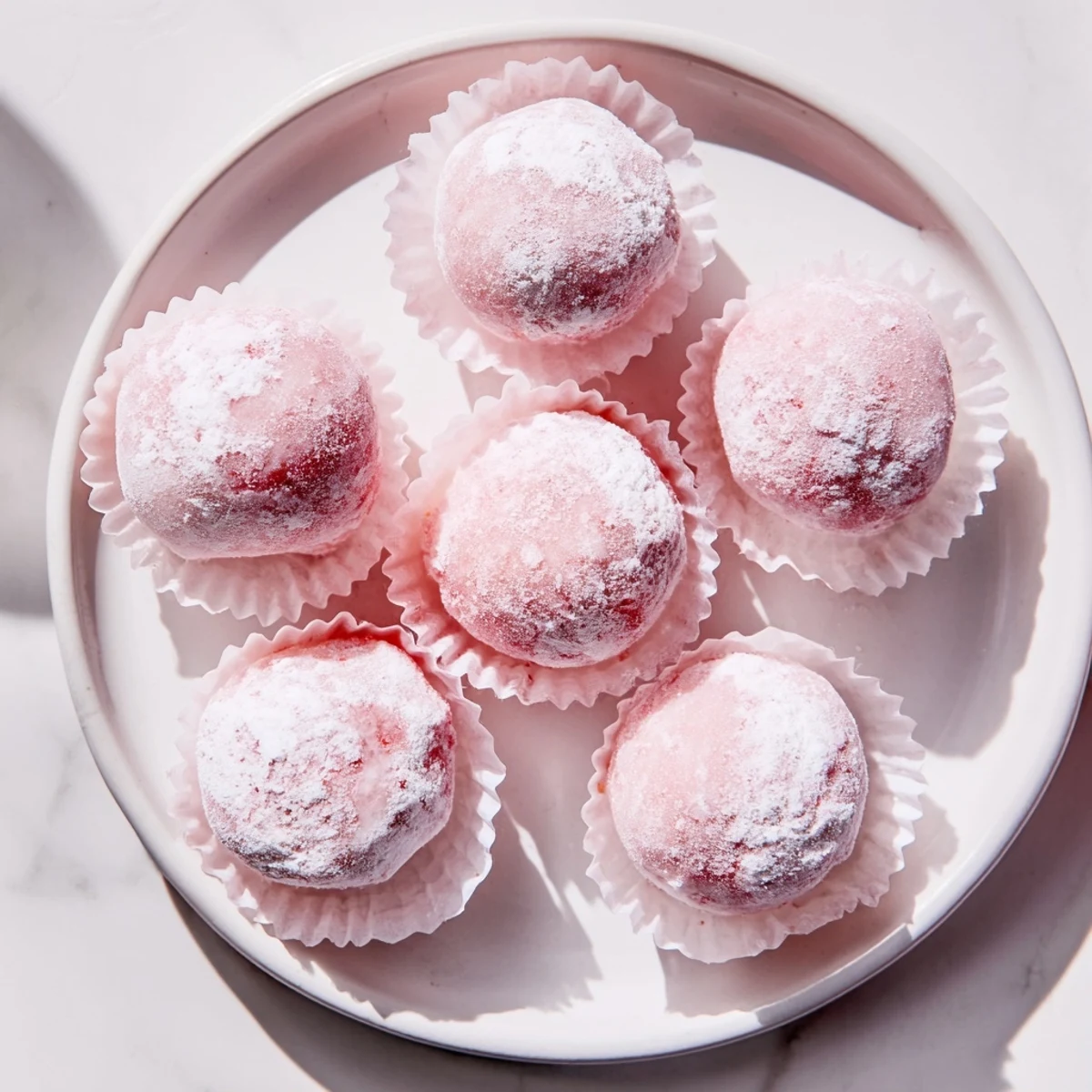 Chewy handmade mochi wrapping creamy pink strawberry ice cream with light dusting of white potato starch