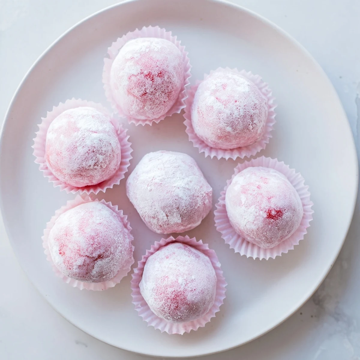 Close-up of plant-based strawberry mochi ice cream revealing smooth pink filling inside translucent rice dough wrapper
