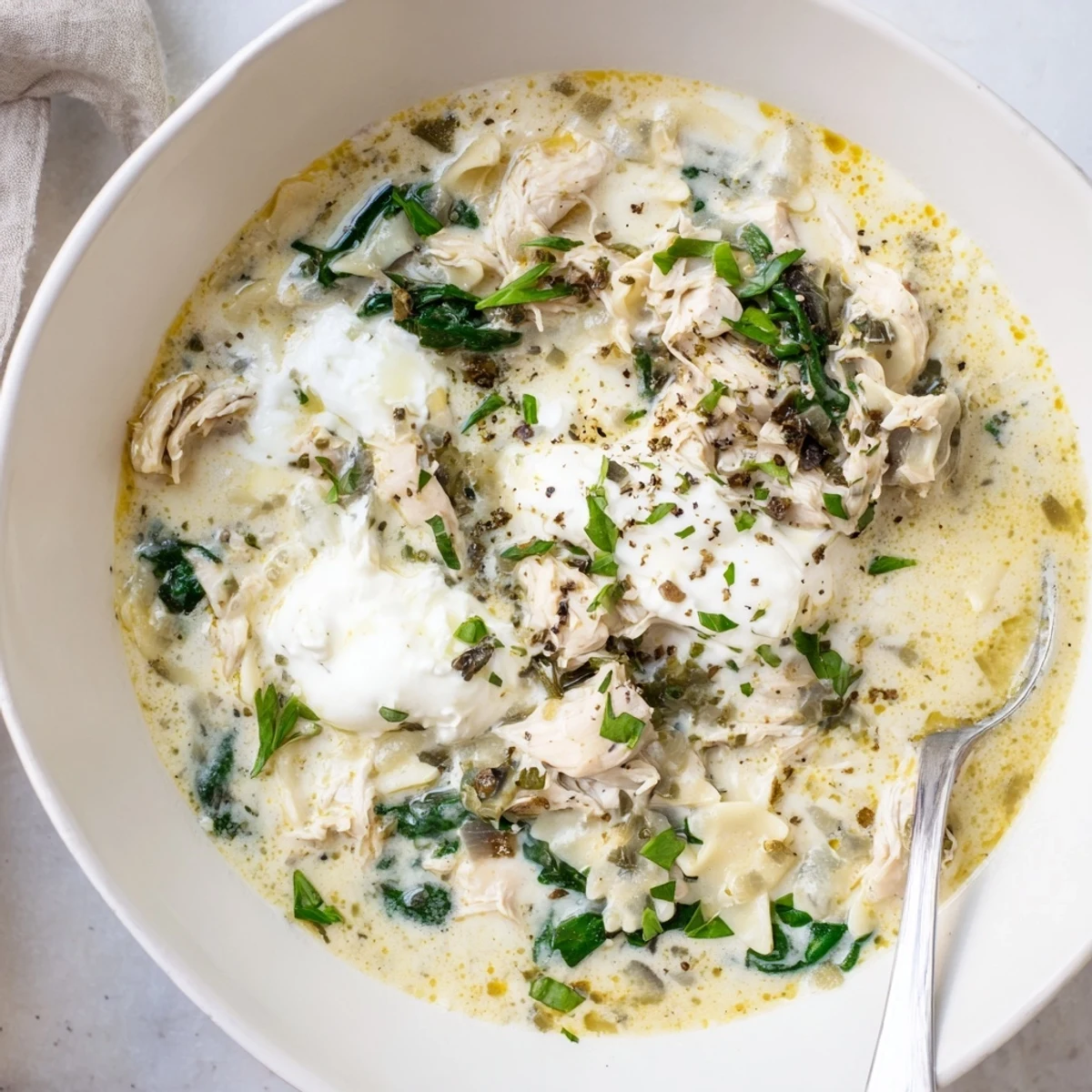 Spoonful of Italian white lasagna soup featuring ricotta, chicken, and broken lasagna noodles