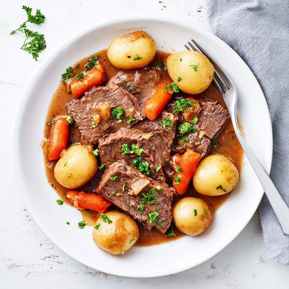 Golden brown French onion pot roast with tender beef and caramelized onions in a rich gravy