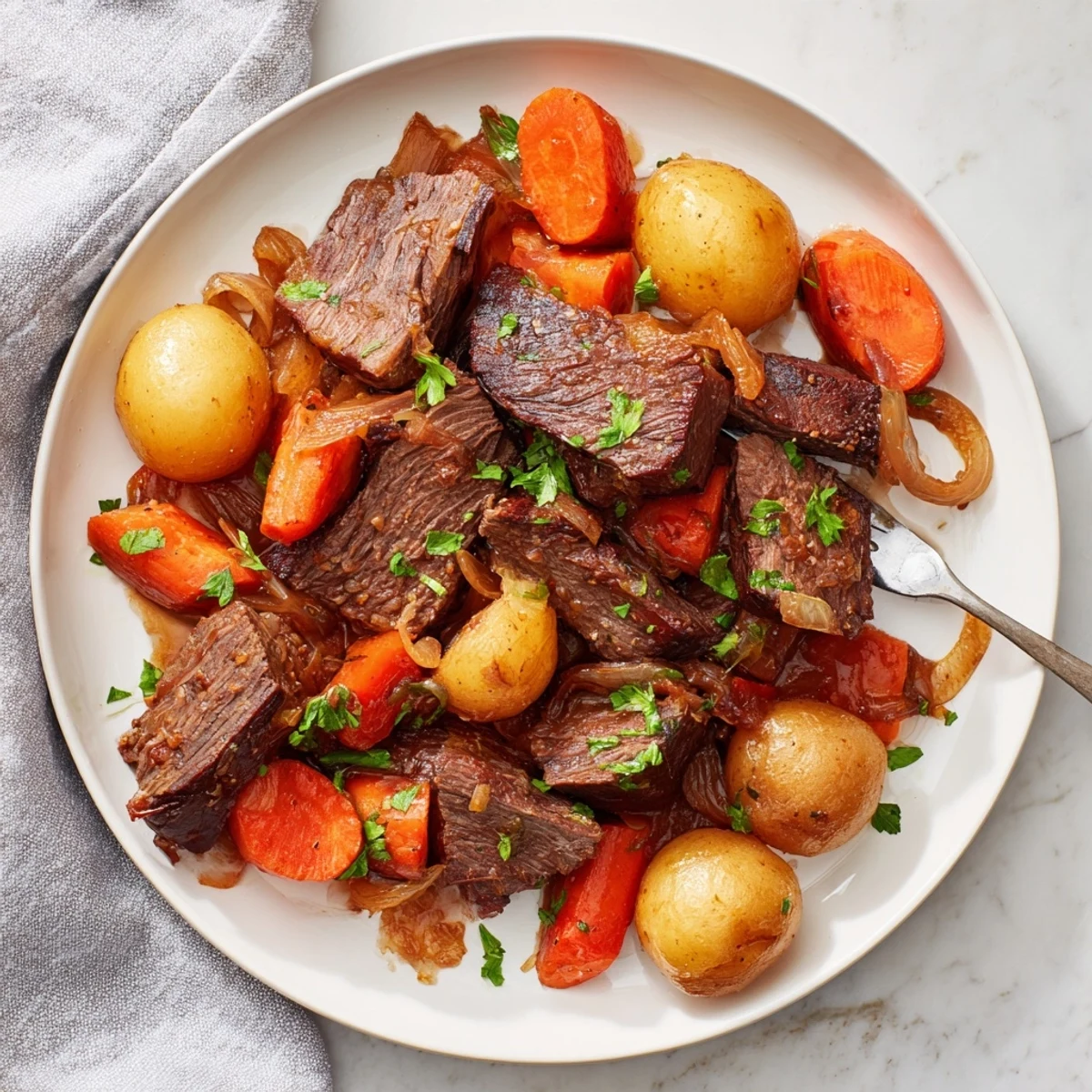 Savory Dutch oven French onion pot roast braised with carrots and onions in dark beef broth