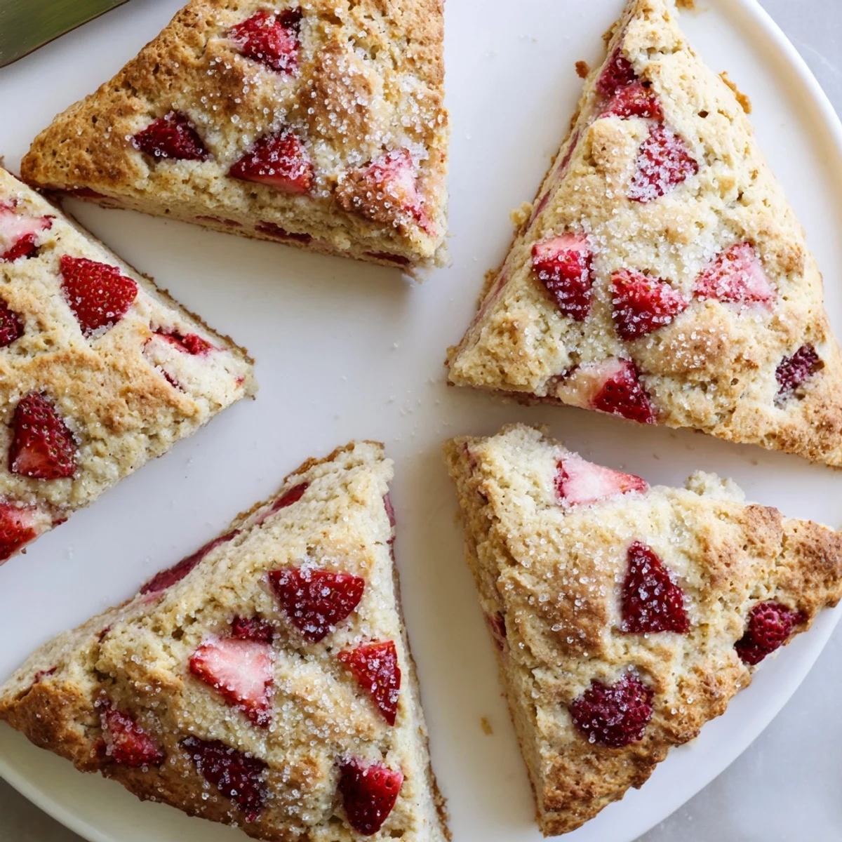 Golden brown strawberries and cream scones topped with coarse sugar on a white plate