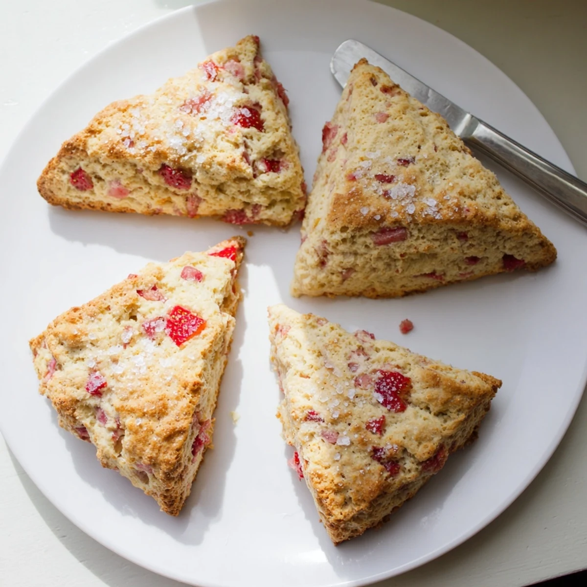 Flaky British-style strawberries and cream scones with fresh red strawberry pieces baked throughout