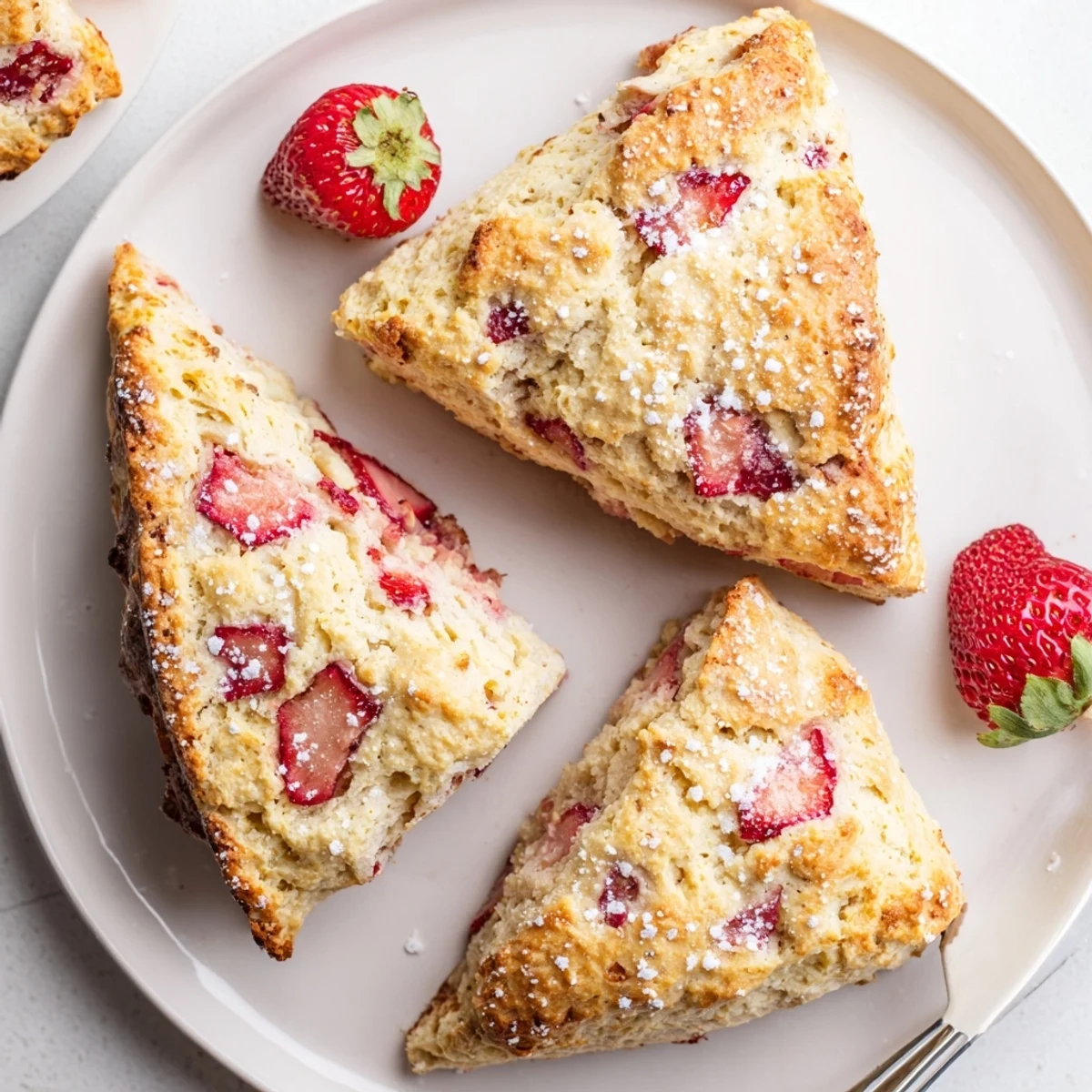 Warm strawberries and cream scones brushed with heavy cream and sprinkled with coarse sugar