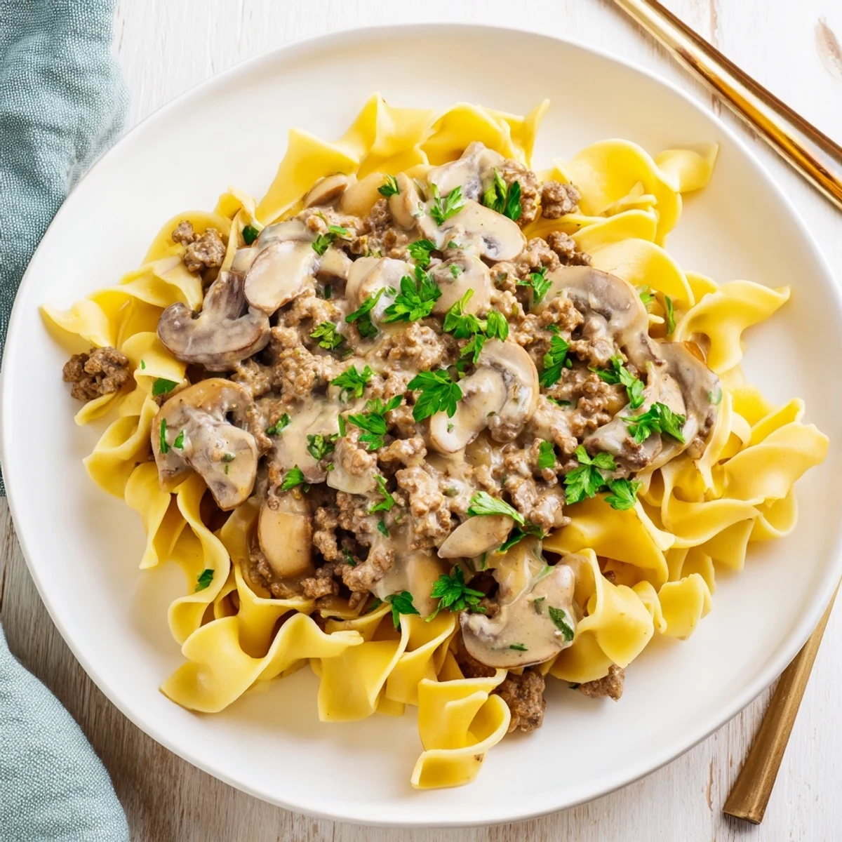 Hearty hamburger stroganoff featuring creamy sour cream sauce over tender egg noodles with chopped parsley