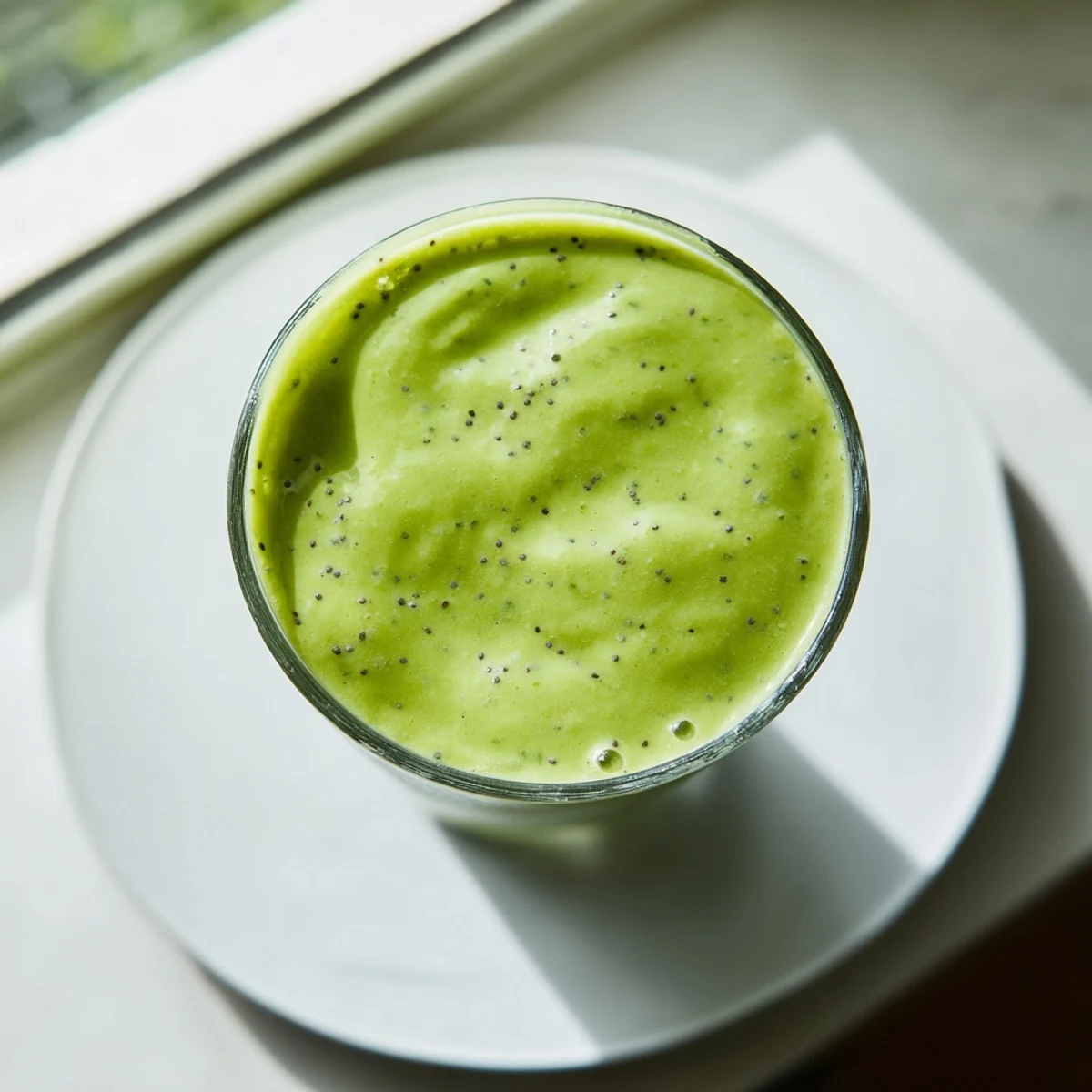Creamy banana matcha smoothie poured into a glass with vibrant green color and frothy texture