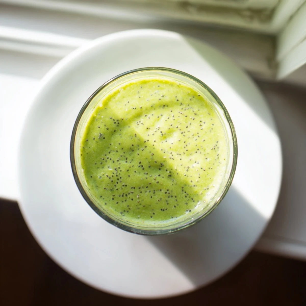 Thick energizing banana matcha smoothie topped with chia seeds in clear serving glass