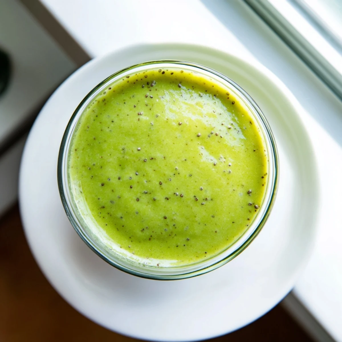 Fresh blended banana matcha smoothie with ice cubes showcasing antioxidant-rich green beverage