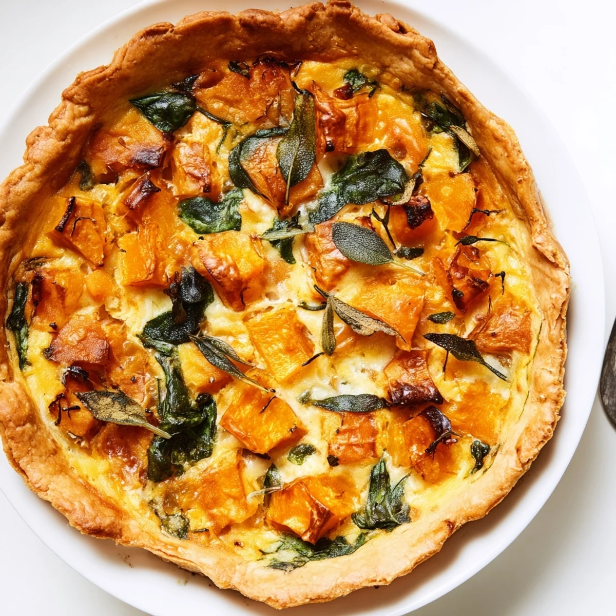 Savory pie slice revealing creamy pumpkin butternut squash filling with melted cheese and spinach