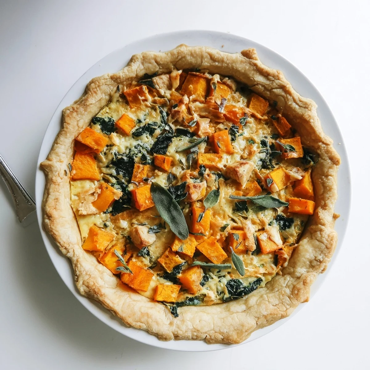 Golden-crusted Halloween pumpkin and butternut squash pie served on rustic wooden cutting board