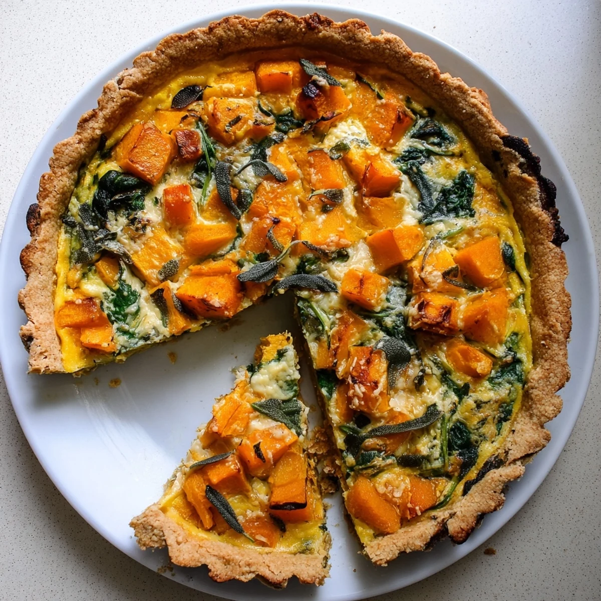 Whole baked Halloween pumpkin butternut squash pie garnished with fresh sage and pumpkin seeds