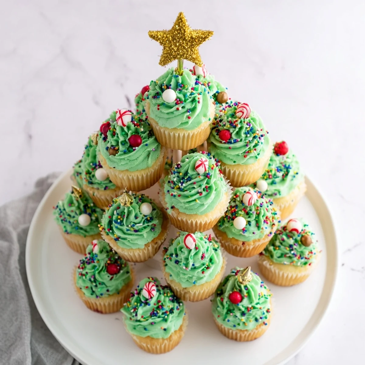 Festive cupcake Christmas tree display with green buttercream frosting and colorful ornament sprinkles arranged in triangular shape