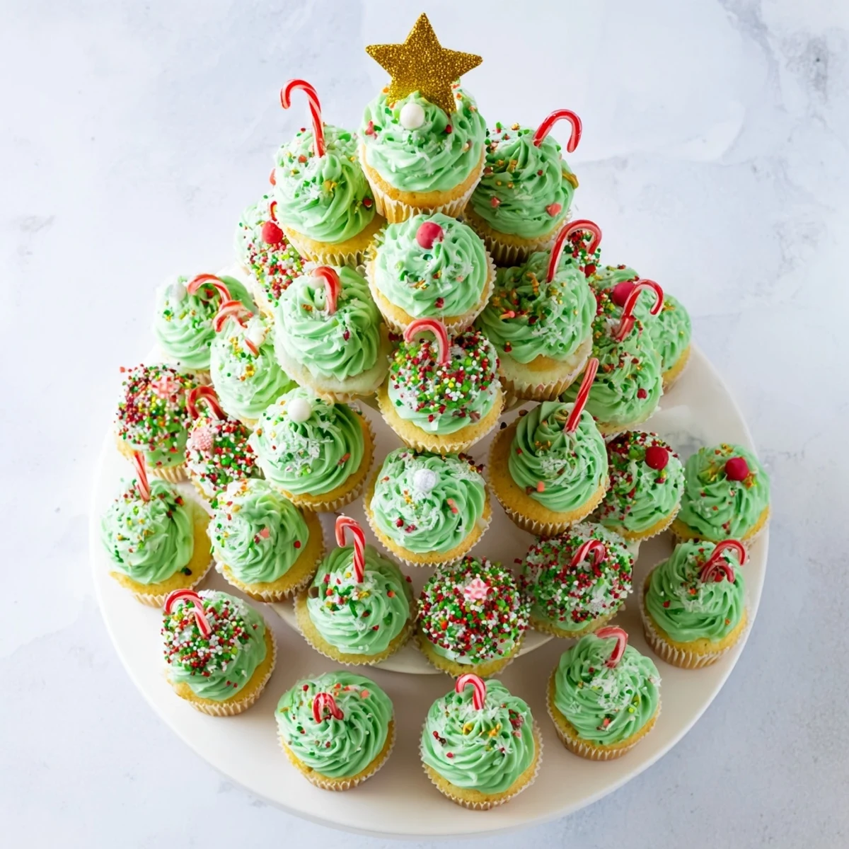 Christmas tree shaped cupcake arrangement topped with gold star and multicolored sprinkles perfect for festive parties