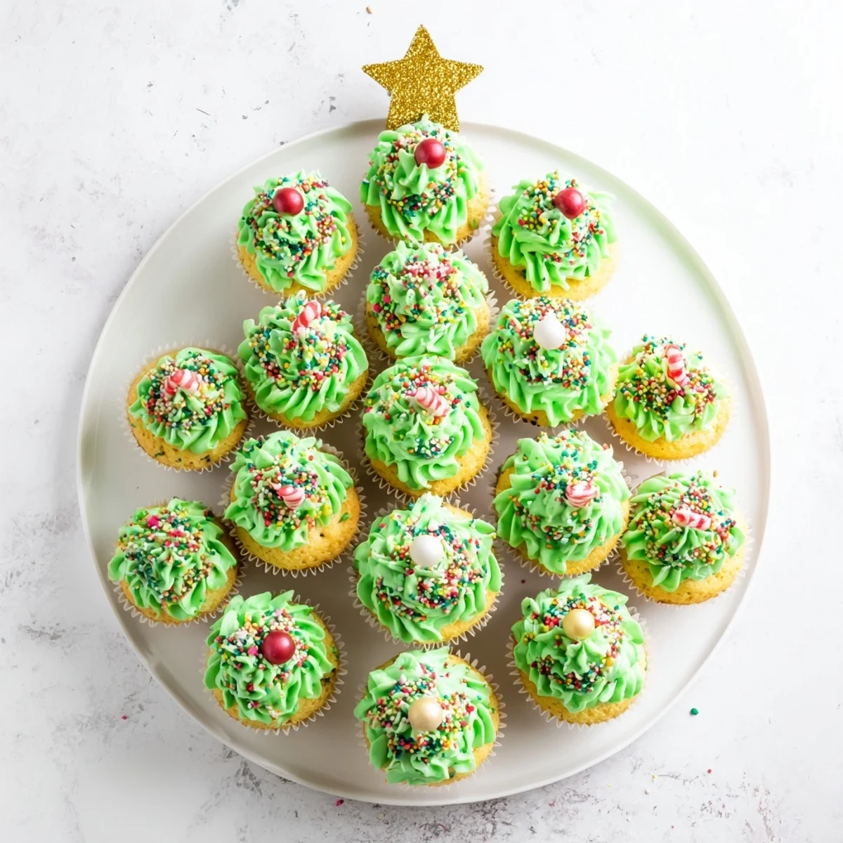 Holiday dessert tower featuring assorted cupcakes piped with green frosting and decorated as a Christmas tree centerpiece