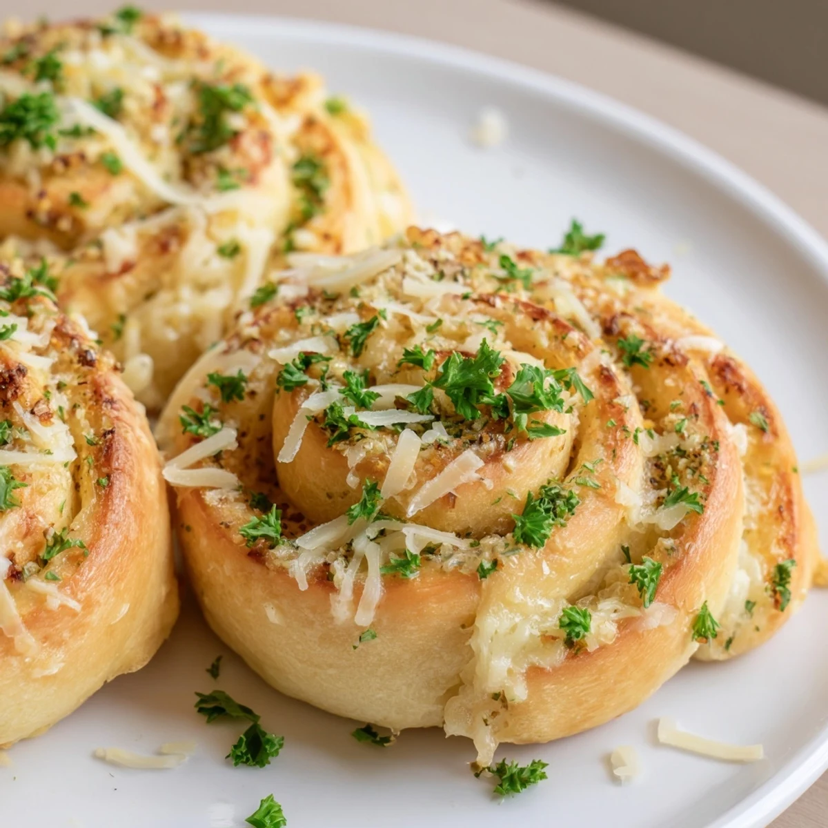 Golden buttery cheese garlic rolls fresh from the oven with melted cheese filling