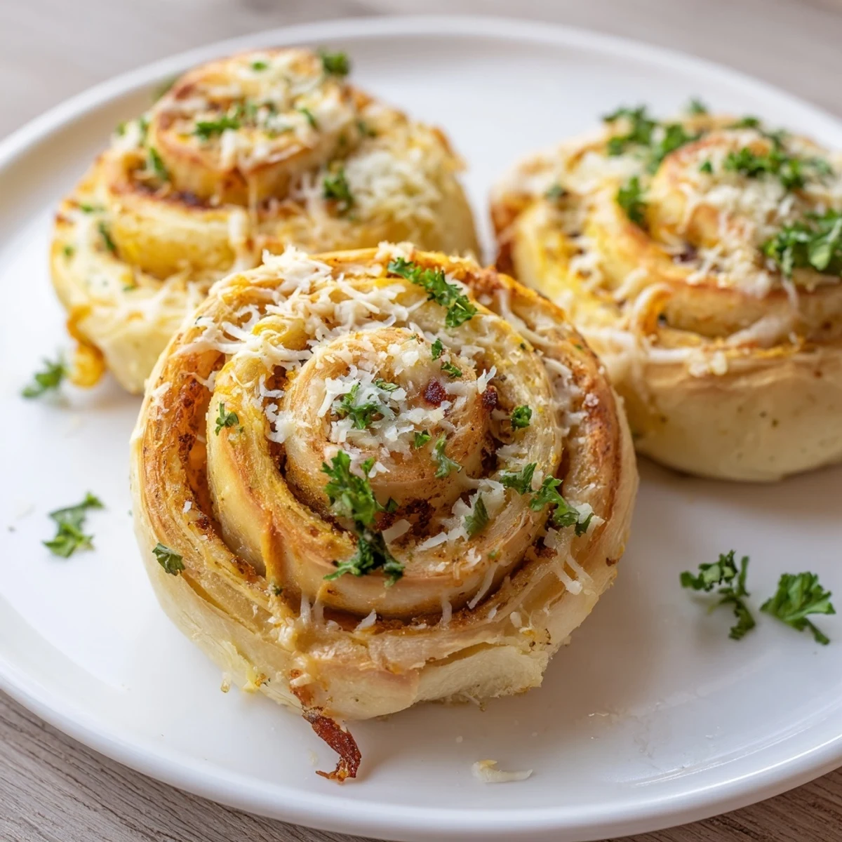 Fluffy dinner rolls stuffed with garlic butter and mozzarella cheese on a white plate