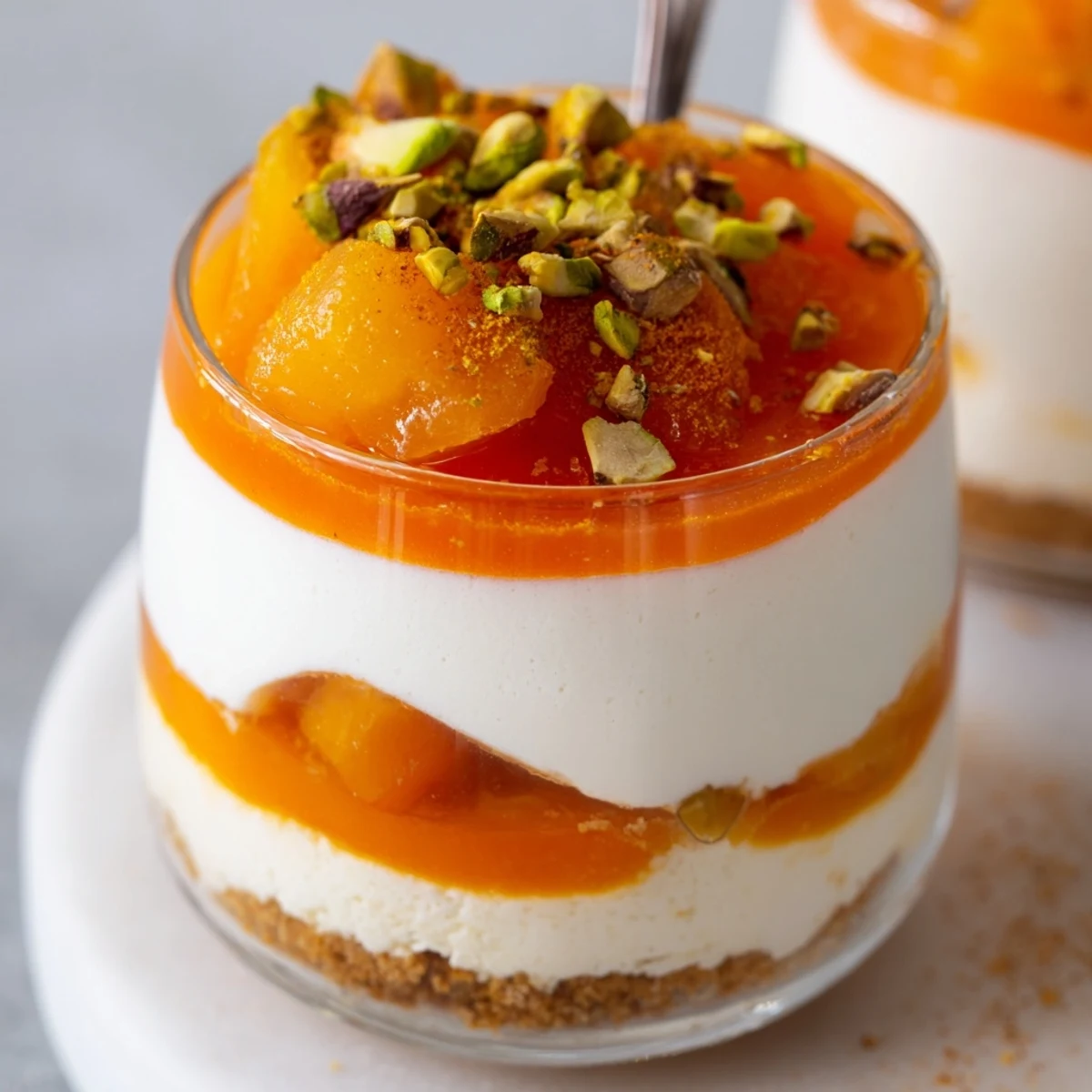 Creamy dairy-free persimmon cheesecake in glass with bright orange fruit topping and nut garnish