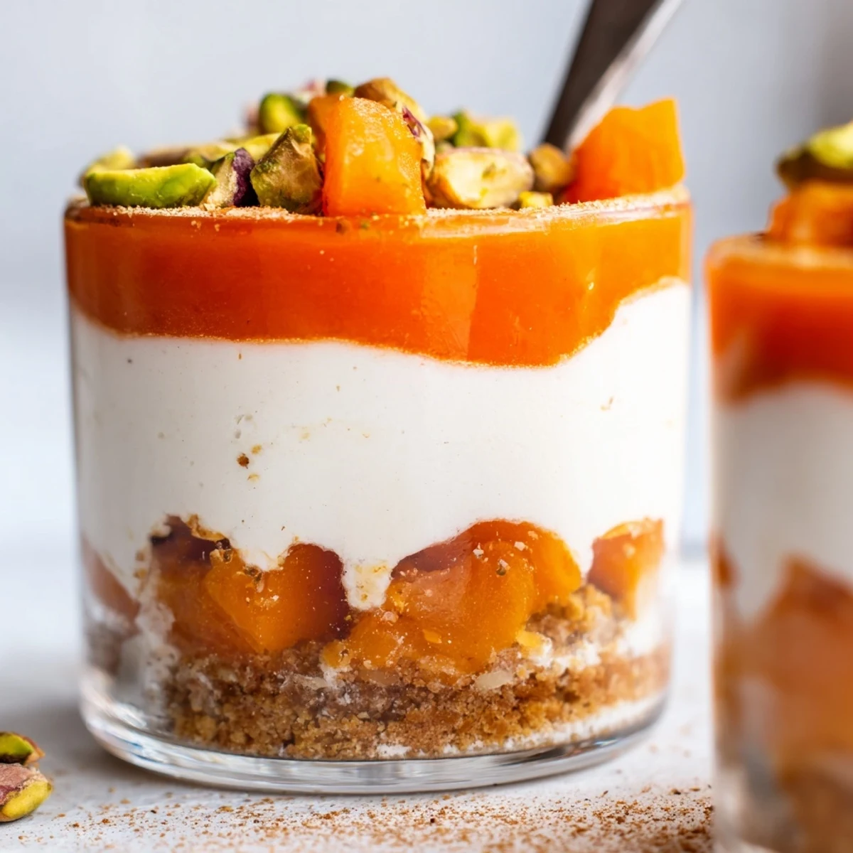 No-bake vegan persimmon cheesecake layered in clear glass jars with graham cracker crust