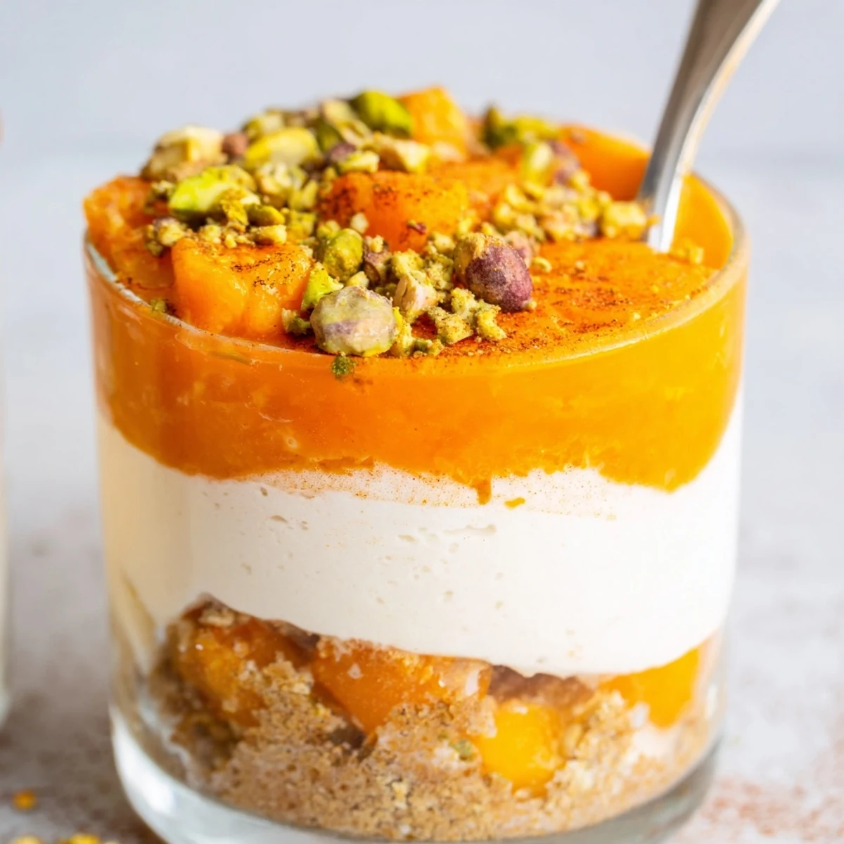 Individual persimmon cheesecake glasses featuring smooth coconut yogurt layers and fresh persimmon swirls