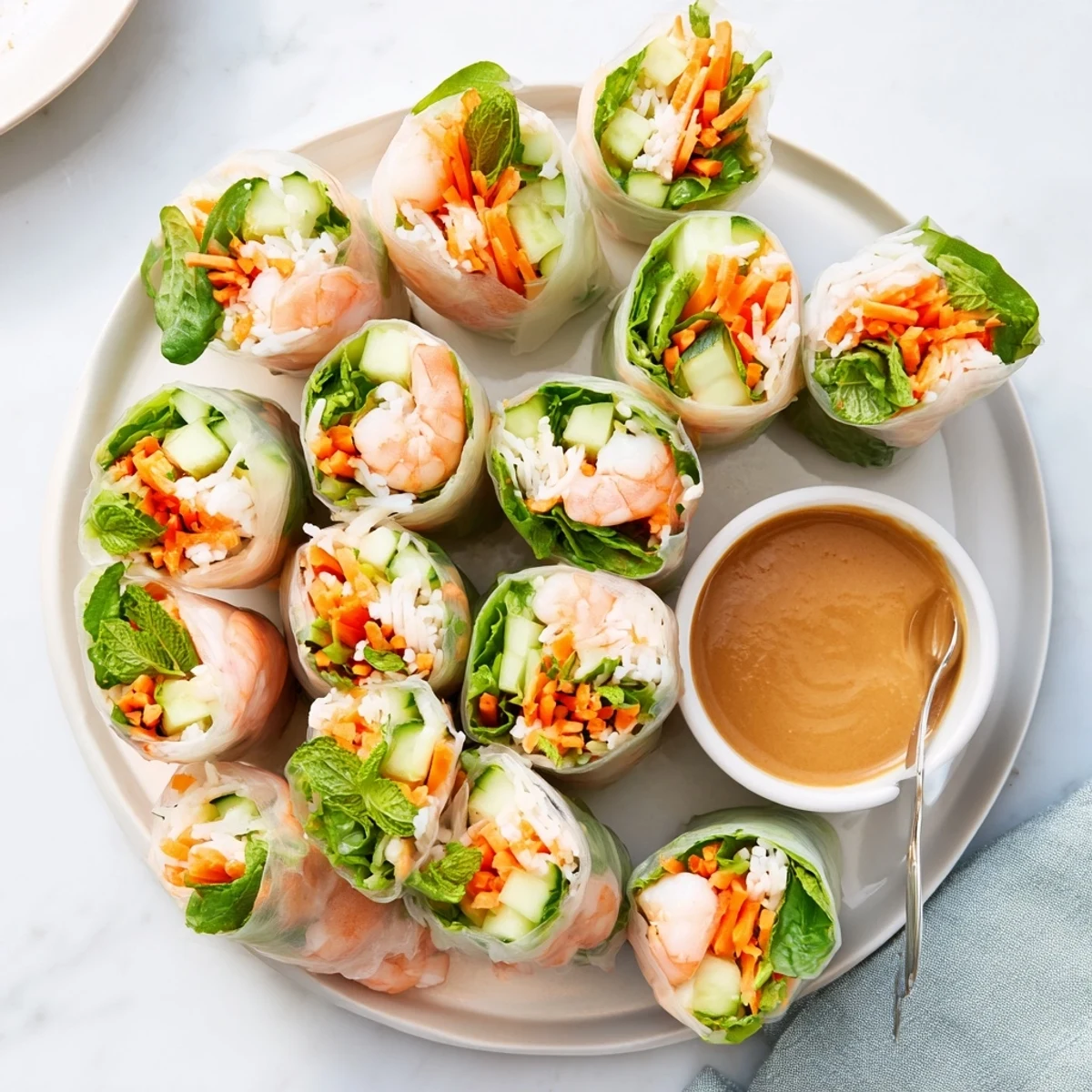 Colorful fresh spring rolls with peanut sauce featuring translucent rice paper wrapped around vibrant vegetables and pink shrimp