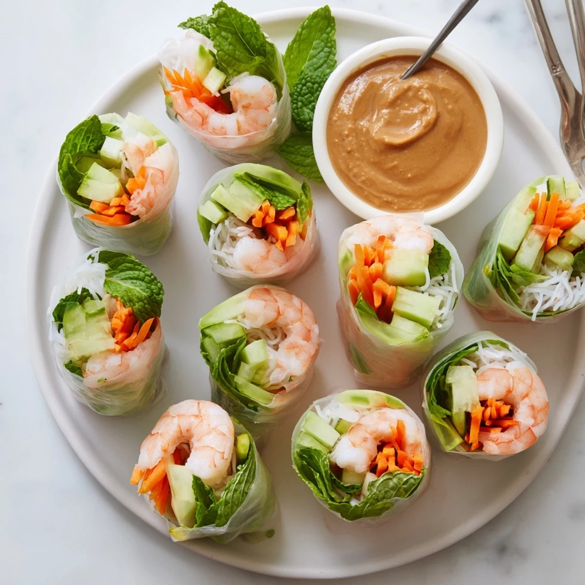 Homemade fresh spring rolls with peanut sauce arranged on a white plate with a ramekin of creamy dipping sauce