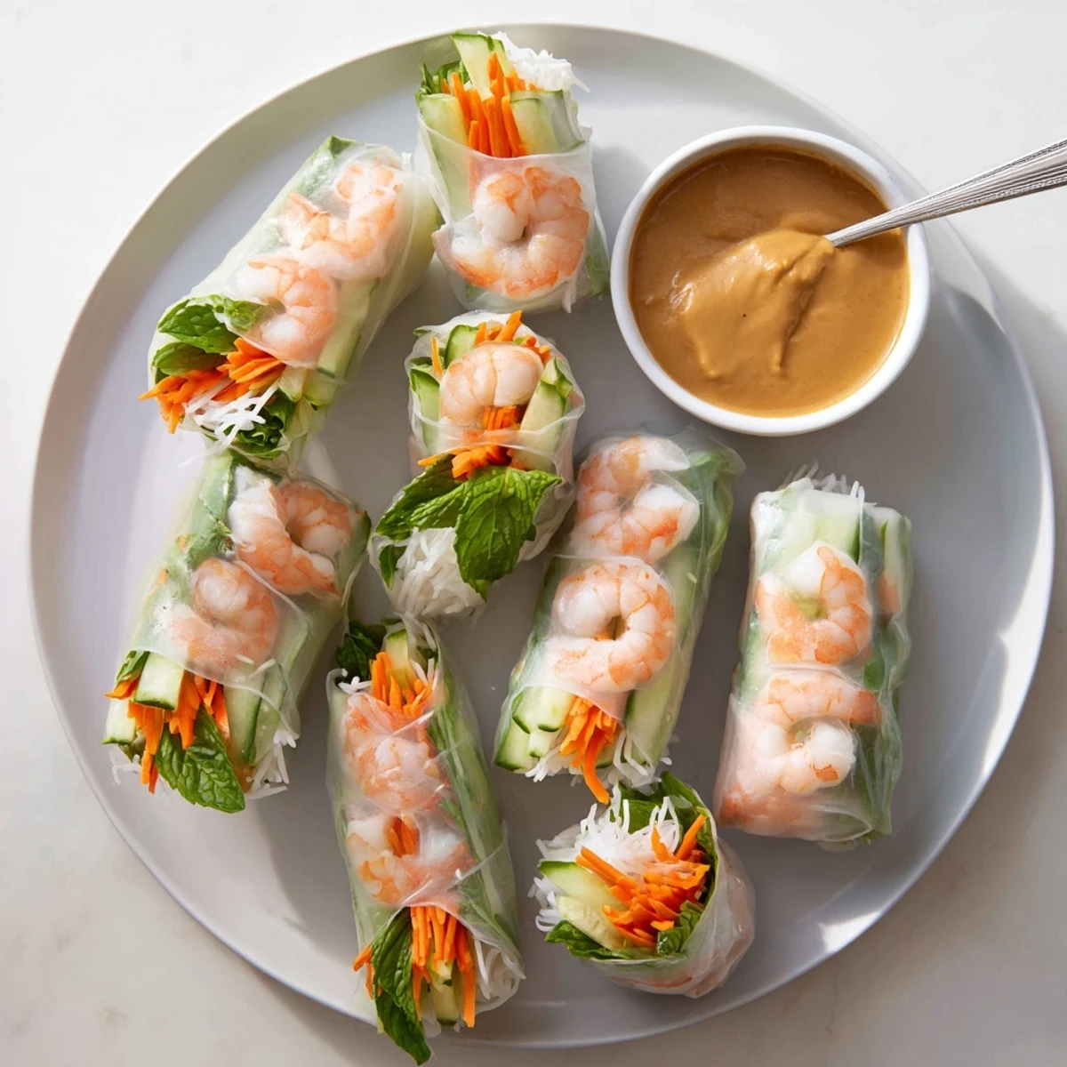 Close-up of fresh spring rolls with peanut sauce displaying the layered ingredients through the delicate rice paper wrapper alongside rich dipping sauce