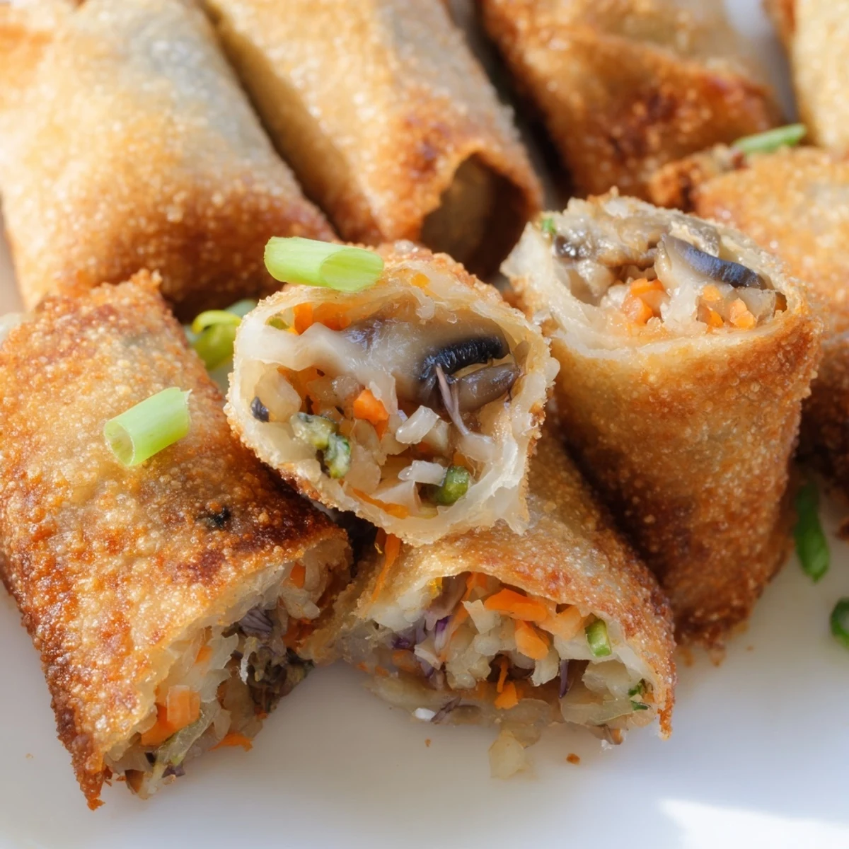Plate of crispy rice paper spring rolls featuring cabbage, carrots, and mushroom filling