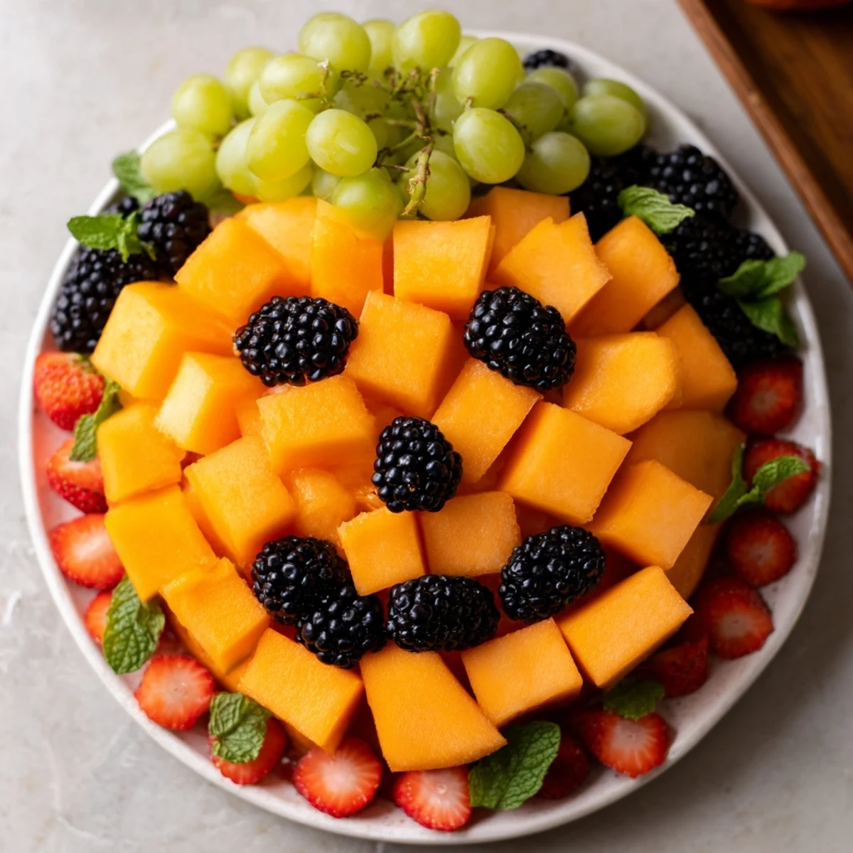 Festive pumpkin fruit tray Halloween platter arranged with cantaloupe, grapes, and berries in a fun jack-o-lantern shape