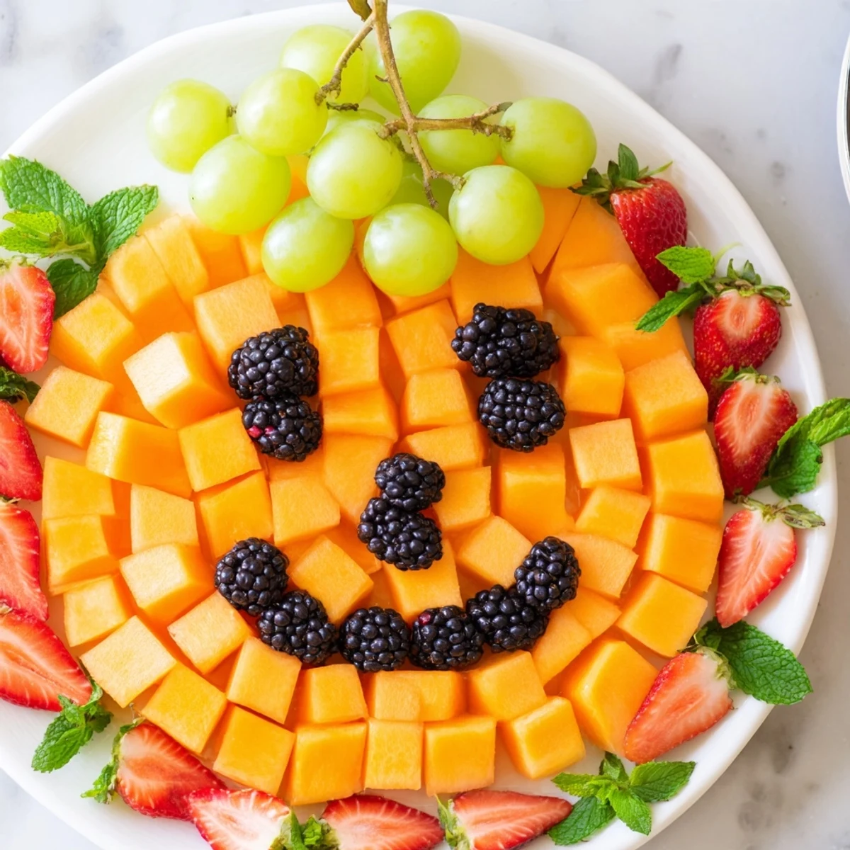 Healthy Halloween pumpkin fruit tray featuring fresh melon, blackberries, and grapes on a white serving platter