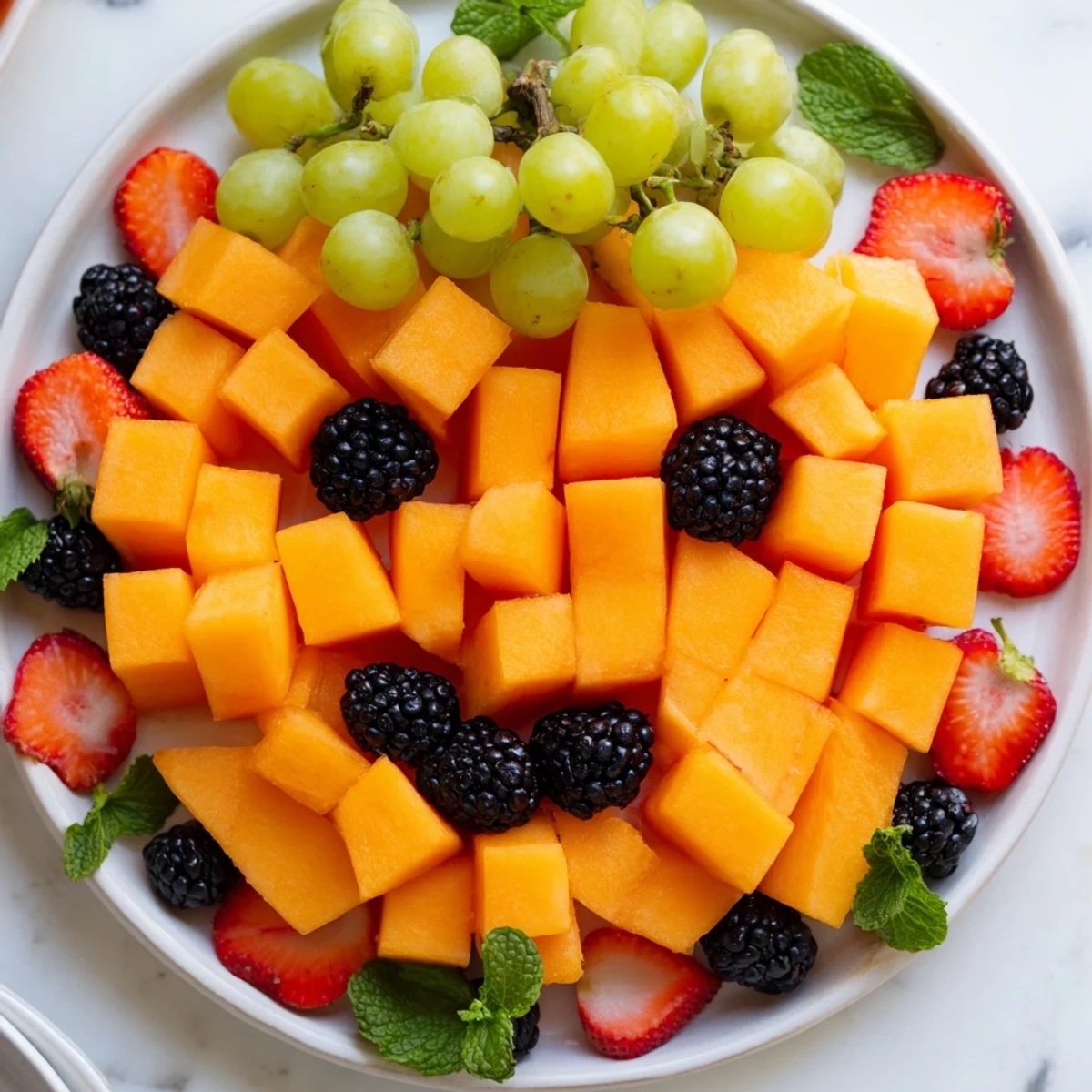 Colorful pumpkin fruit tray Halloween platter displaying fresh fruit arranged as a smiling pumpkin with mint garnish