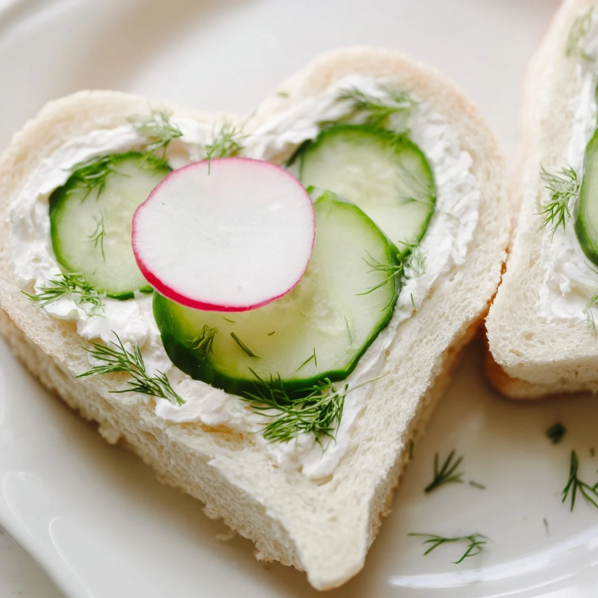 Heart shaped tea sandwich board displaying assorted finger sandwiches with cream cheese, smoked salmon, and colorful radish accents on a rustic wooden platter