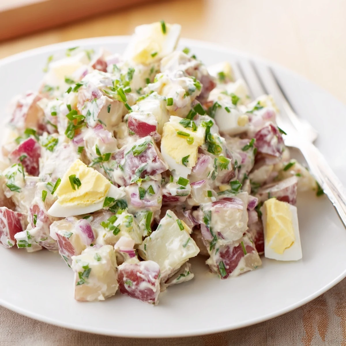 Creamy red potato salad tossed with crisp celery, onions, and fresh herbs in a serving bowl