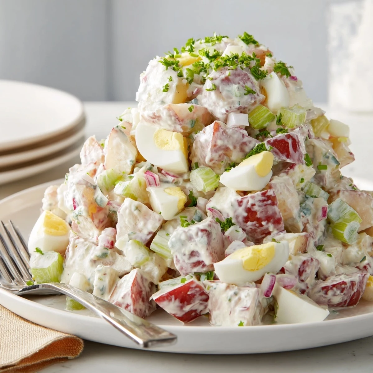 Tender red potato salad featuring tangy dressing and diced vegetables for summer picnics and barbecues