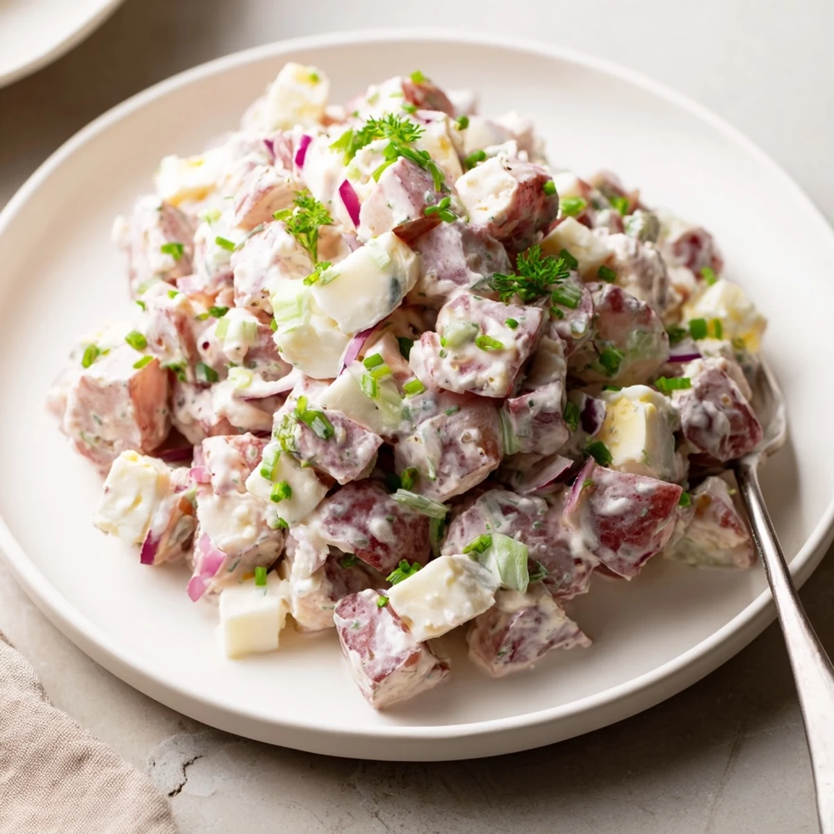 Vibrant red potato salad with mayonnaise dressing, colorful vegetables, and chopped parsley garnish on a white platter