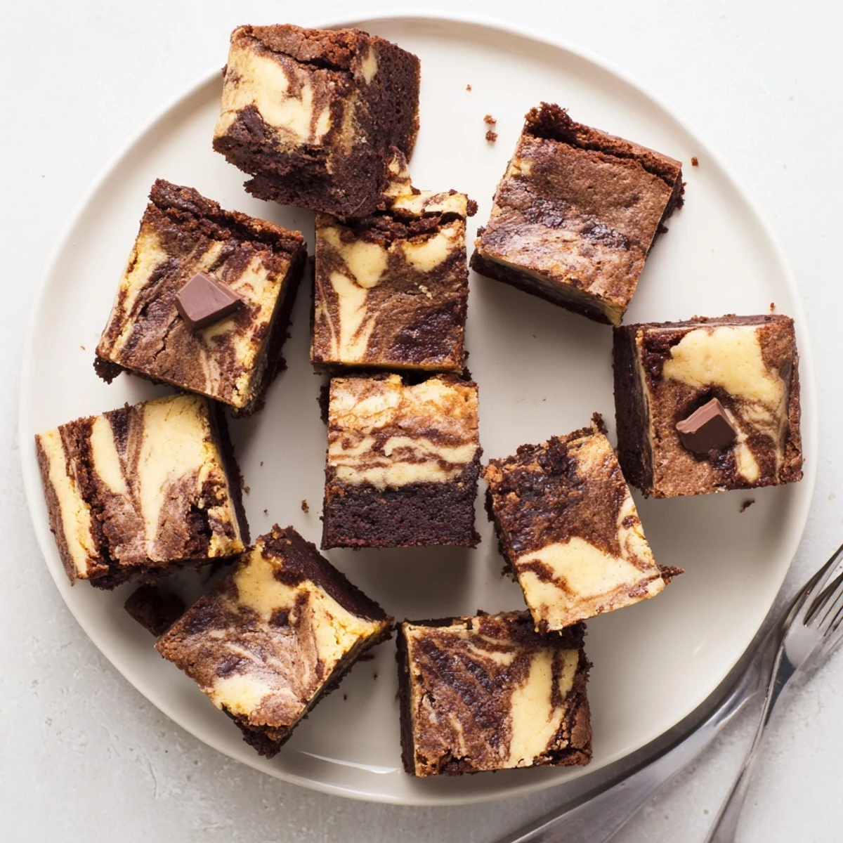 Freshly baked cheesecake swirled brownies cooling in pan with marbled cream cheese pattern