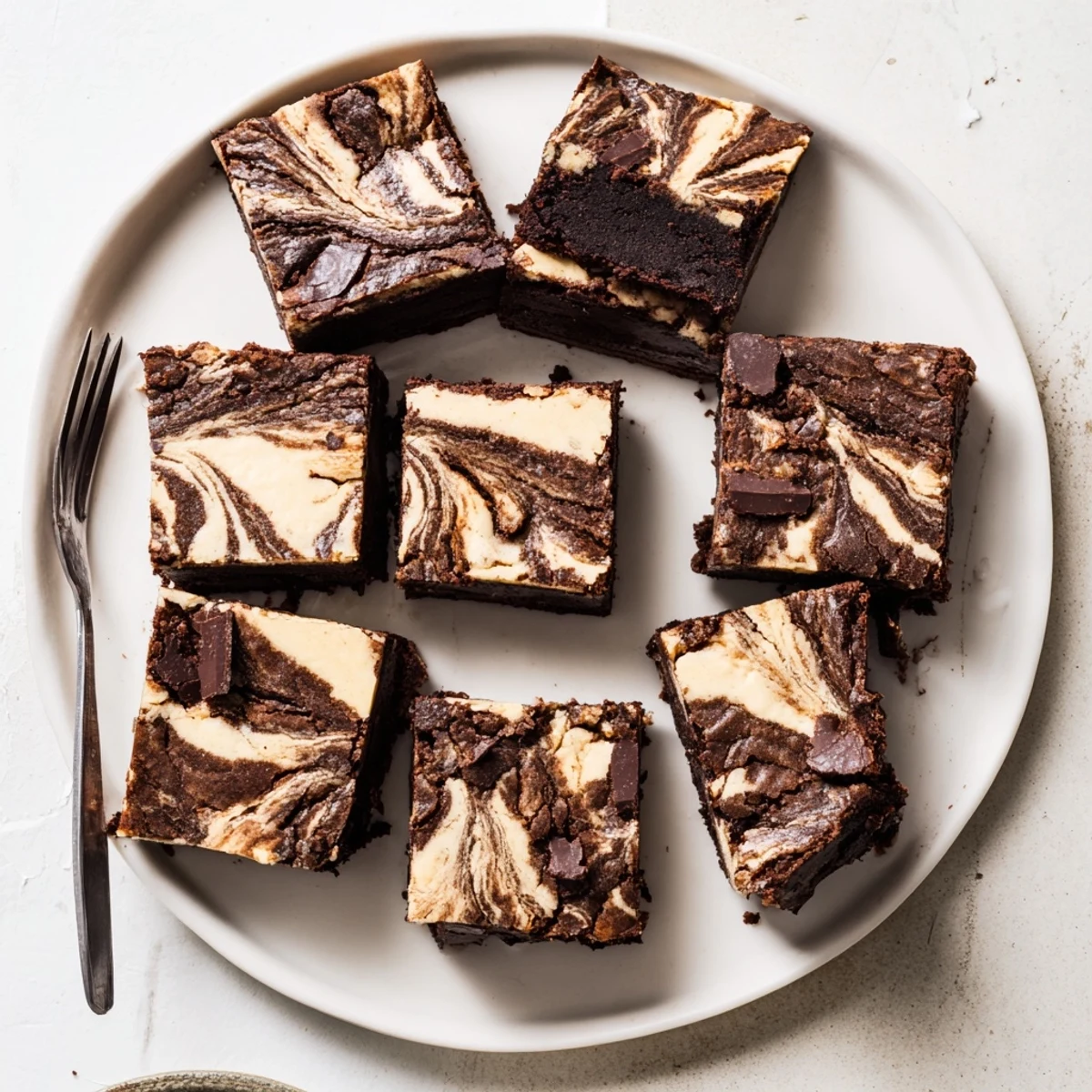 Square slice of cheesecake swirled brownies showing vanilla cream cheese ribbon through rich chocolate